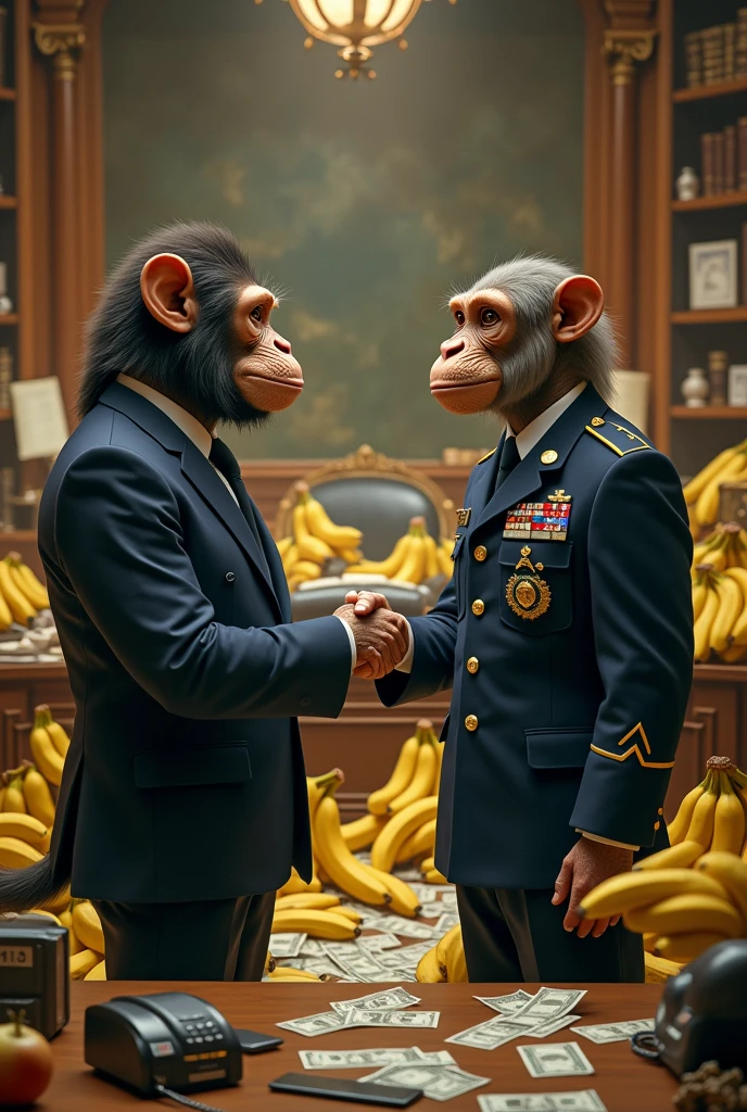 A monkey in a suit shaking hands with a Marine, inside an office full of bananas and money