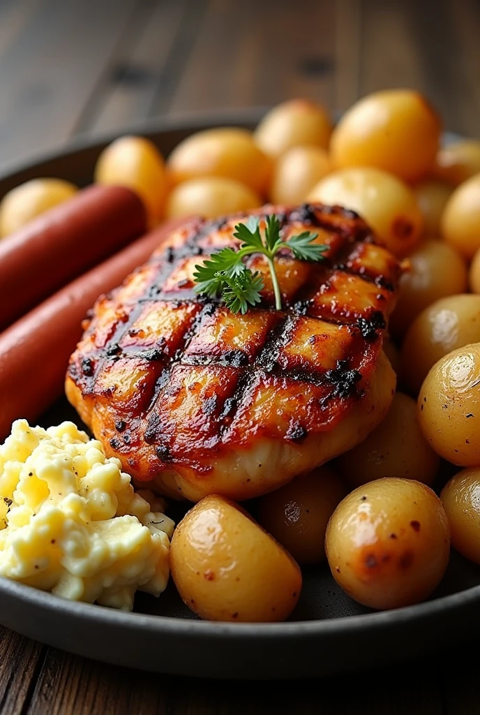 Create me a grilled chicken that contains potatoes , hot dog and egg salad
