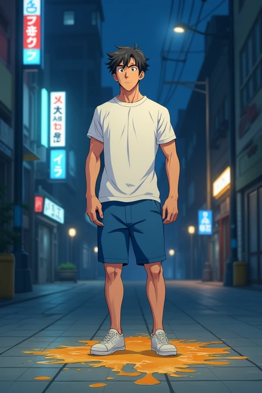 In the evening city, whitr T-shirt, a slender and mascular young man in his blue short pants is pissing himself. there's a urinate stain on the centre of his pants. There's a pee puddle at his feet. He looks scared. He is threatened by a robbery with a knife. He looks embarrassed. Anime.