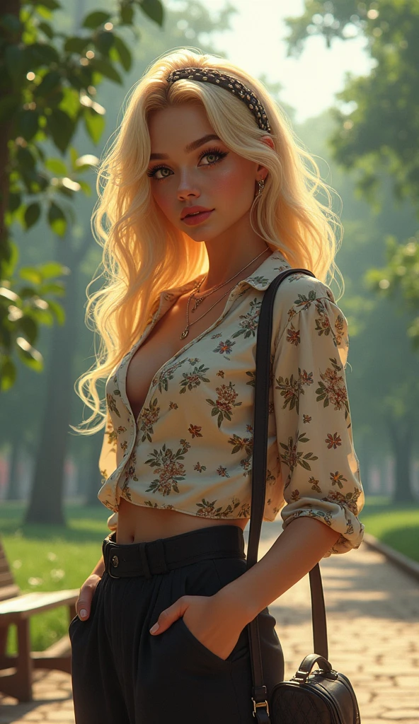 3d anime illustration, woman in her twenties, blonde wavy hair, round face, full lips and dark eyes, fashionable and stylish, printed blouse, pants, hairband, st petersburg city park, waist up view, drawn by artgerm and gerald brom, hyper detailed, intricate details, ultra realistic, cinematic lighting
