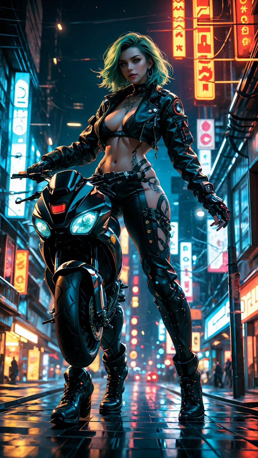 from below, low angle shot, in the heart of the cyberpunk underground streets, a young and sexy cyborg biker, with a braided Moican haircut, long luminescent green and blue hair, white skin, piercings, sexy and tight and ripped style clothes cyberpunk, green, blue, red and purple. neon lights and very dark shadows. at night, graffitied streets. She has cybernetic tattoos all over her body, sensual pose on her motorcycle, cyberpunk motorcycle. A cyberpunk 2077 style atmosphere is created, energy and neon lights, green, blue, red and purple. Good quality cybernetic eyes, face with cybernetic details, ultra detailed. masterpiece, 4k, ray tracing, full body, close-up, low angle shot, intricate details, hyperrealistic.