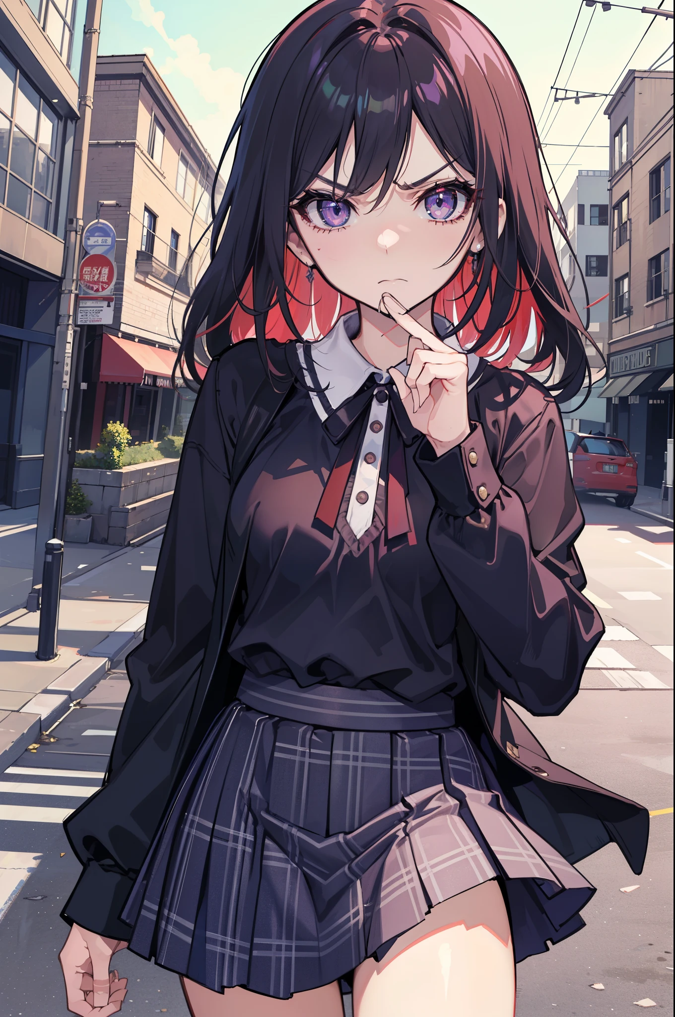 (best quality:1.2), (highest quality:1.2), (perfection:1.1), (flawless:1.1), urban street, 1girl, (disgusted look:1.1), angry look, disgusted mouth, short height, blouse, skirt, (straight hair:1.1), small breasts, (best quality eyes:1.1), highly detailed, 8k, best quality resolution, (most beautiful upscale:1.1)