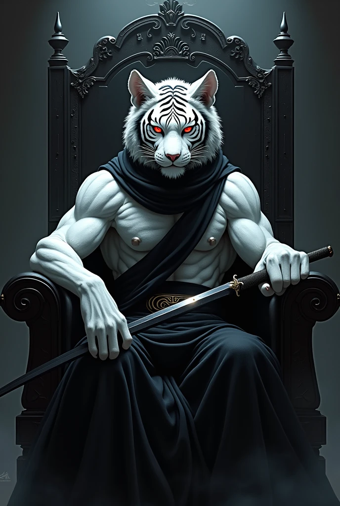 Anime character tiger with white fur and red eyes and black clothes sitting on a dark throne holding a sword