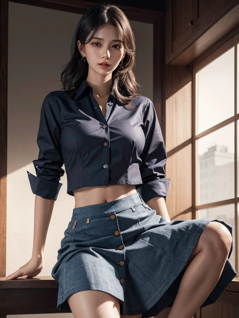 absurdres, RAW photo, extremely delicate and beautiful, masterpiece, Best Quality, ultra high resolution, 32k, hyperrealistic, realistic, photorealistic, photo-realistic, Real, ultra-detailed, Very detailed CG 8k wallpaper, detailed background, landscape, Beautiful Lighting, Perfect Lightning, Realistic Shadows, perfect anatomy, anatomically correct, ideal ratio body proportions, perfect figure, Perfect Style, Perfect balance, super Detailed skin, in her 30s, very Slim body, narrow waist, very small head, very small face, delicate features, handsome detailed woman, very detailed eyes and face, realistic face proportions, Realistic beautiful face, Realistic beautiful eyes, tearful mole, earring, full body shot, legs, feet, very huge round tits, medium hair, asymmetrical hair, wavy hair, school_uniform, crop top, dress shirt, button shirt, skirt,