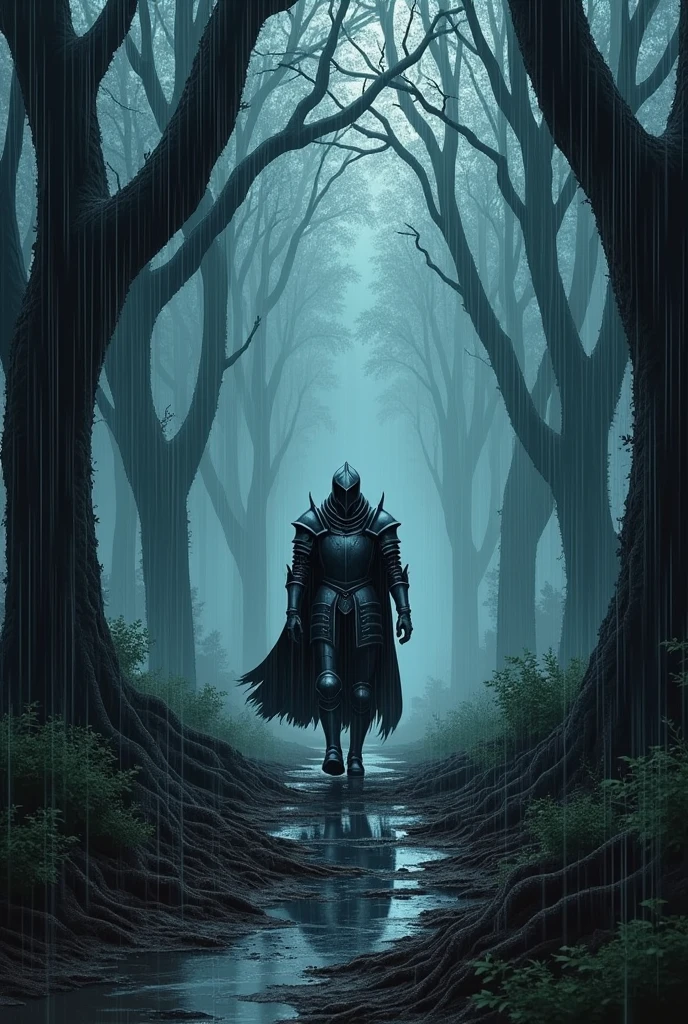 a knight walking in a dark rainy forest, extremely detailed, 4k, horror manga, manga shading,highly detailed boots, raindrops, dramatic lighting, moody atmosphere, cinematic composition, horror elements, manga panel framing