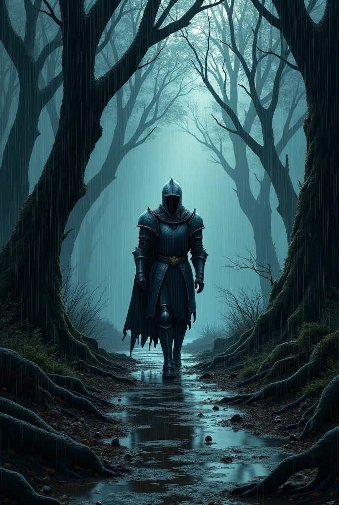 a knight walking in a dark rainy forest, extremely detailed, 4k, horror manga, manga shading,highly detailed boots, raindrops, dramatic lighting, moody atmosphere, cinematic composition, horror elements, manga panel framing