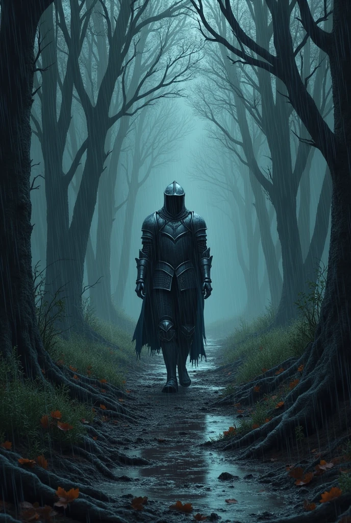 a knight walking in a dark rainy forest, extremely detailed, 4k, horror manga, manga shading,highly detailed boots, raindrops, dramatic lighting, moody atmosphere, cinematic composition, horror elements, manga panel framing