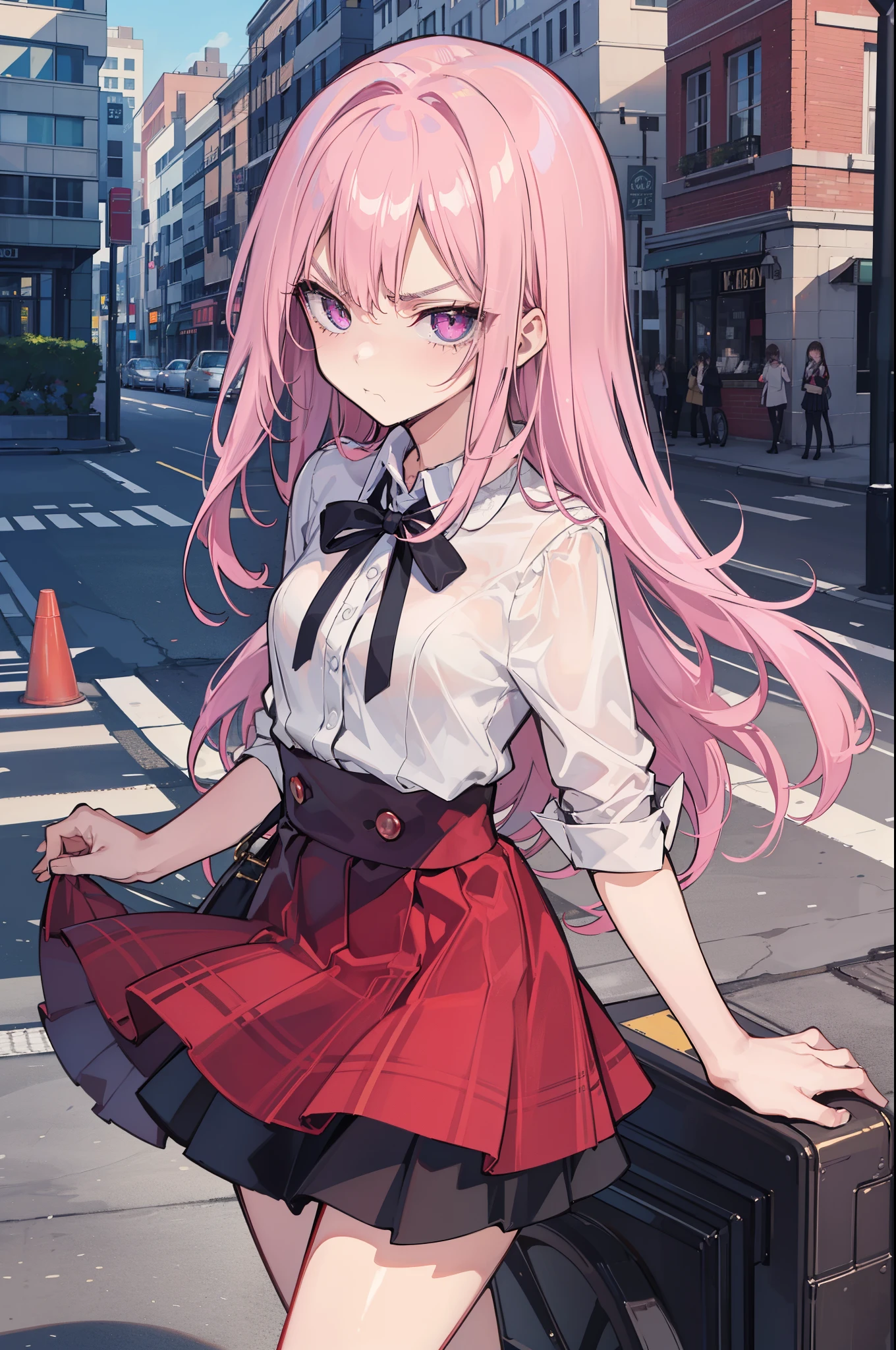 (best quality:1.2), (highest quality:1.2), (perfection:1.1), (flawless:1.1), urban street, 1girl, (disgusted look:1.1), angry look, disgusted mouth, short height, blouse, skirt, (straight hair:1.1), small breasts, (best quality eyes:1.1), highly detailed, 8k, best quality resolution, (most beautiful upscale:1.1)