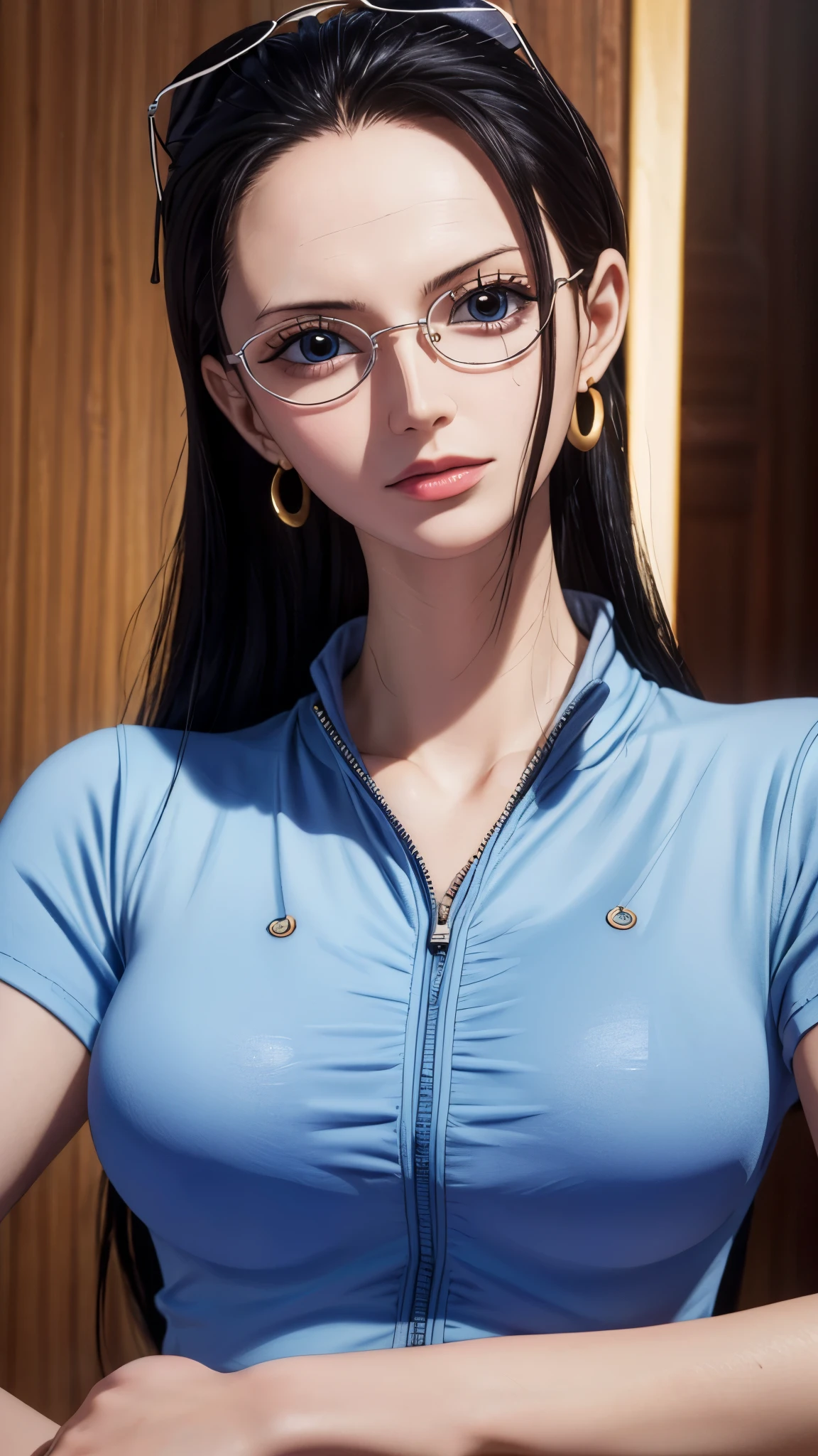 masterpiece, highest quality, Beautiful woman, whole body, Detailed hairstyle, I was sweating, Hoop Earrings, golf bangle, choker, Mature Woman, indoor, nico robin, sunglasses, Wear glasses on your head, Long Hair, big breasts long_Tracksuits, Yoga pants，（8k，RAW Photos），（Best Quality），（Masterpiece Loose），（Realistic，）（Realistic），（High resolution），Hyper Detail，（Gentle Realism：1.1），Beautiful Face， （1 Female：1.1），High resolution), (8k), (Very detailed), (4K), (Pixiv), Perfect Face, Beautiful eyes and face, (highest quality), (Very detailed), Detailed face and eyes, (alone), Textured skin, absurdes, High resolution,