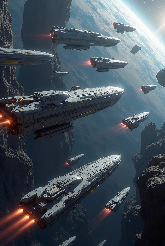 Many Super Spaceships collecting minerals in the asteroid belt.