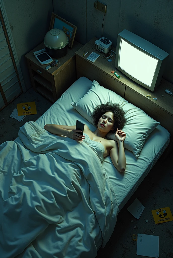 human taking medication, lying in a bed while watching a cell phone and a television, surrounded by waste and pollution 