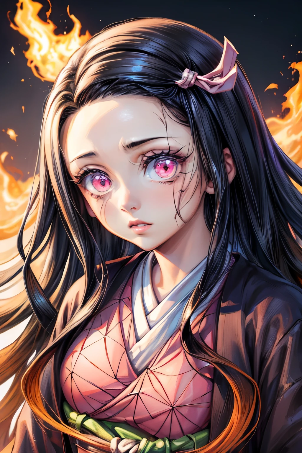 (Ultra Real), (Illustration), (High Resolution), (8K), (Very Detailed), (Best Illustration), (Beautiful Detailed Eyes), (Best Quality), (Ultra Detailed), (Masterpiece), (Wallpaper), (Detailed Face), Night Up Upper Body, ,Long Hair,Solo,Simple Kimono Top Girl, Sweaty, Japan Person, Big Tits, (fire) Nezuko Kamado, Red Eyes, (Nezuko kamado na her demonic form showing her giant, hairy , based on the Demon Slayer kimetsu no yaiba), whole body, (Beautiful Detailed Eyes)