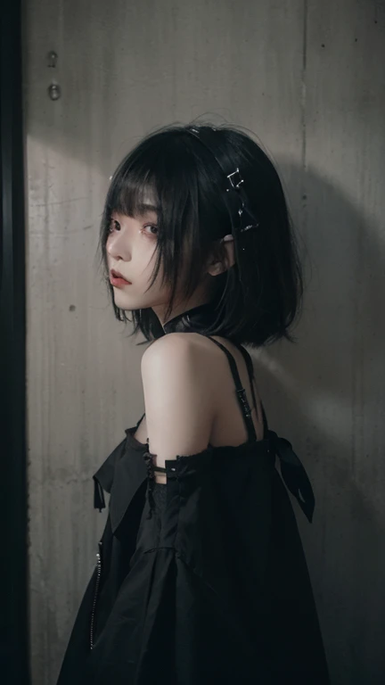 Goth Fashion, Dystopia, Tokyo, Minimum, Harmony, Tranquility, Detailed concrete wall, Cinematic Light, Side light, 1 person, thin, Medium Hair, Diffused, natural skin glow, bangs, Deep Shadow, Gothic Punk, masterpiece, Highest quality, RAW Photos, Sigma 50mm f1.4, Candid,