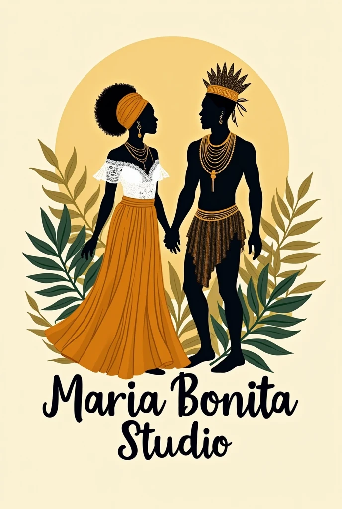 
 Afro-Brazilian clothing and culture, incorporating a man and a woman with elements of African-based religions, using the mustard yellow palette.
clearing! Let&#39;s break down the logo concept for the "Maria Bonita Studio", focused on 1. Cultural and Religious Elements of the Bahian Woman:
Description: A silhouette or illustration of a Bahian woman in traditional attire. Consider a flared skirt, blouse with lace details and turban (headwrap).
Pombagira Clothes:
detaileds: Incorporate details that refer to Pombagira&#39;s clothing, like long skirts and vibrant adornments.
Accessories: Typical necklaces and accessories that symbolize Pombagira, como collars com contas coloridas e brincos grandes.
Exu Man:
Description: A silhouette or illustration of a man representing Exu, with costumes that include a typical hat, collars e bastão.
Accessories:
detaileds: Add accessories like a colorful hat, collars, and a staff or scepter, symbolizing Exu.
Dynamic elements: Exu is associated with movement and communication, so adding lines or patterns that suggest dynamism can be interesting.
Religious References:
Candomblé Symbols:
incorporation: Add subtle symbols associated with Exu and Pombagira, such as scratched points and other elements of protection and spirituality.
2. Mustard Yellow Color Palette:
Main Use: Use mustard yellow as the main color to convey warmth and welcome..
Application: Apply color to large areas of the logo, as the background or in the main figures.
Add-ons:
Neutral and Earthy Tones:
Description: offwhite, brown and olive green. These tones can be used for details, as accessories and patterns, without competing with mustard yellow.
smooth contrasting:
Application: Use white to create contrast and highlight details, and olive green and brown to accent accessories and borders.
3. Typography Elegant and Artistic Font:
Description: Choose a handwritten or cursive font that conveys a sophisticated, handcrafted feel..
Customization:
Suge