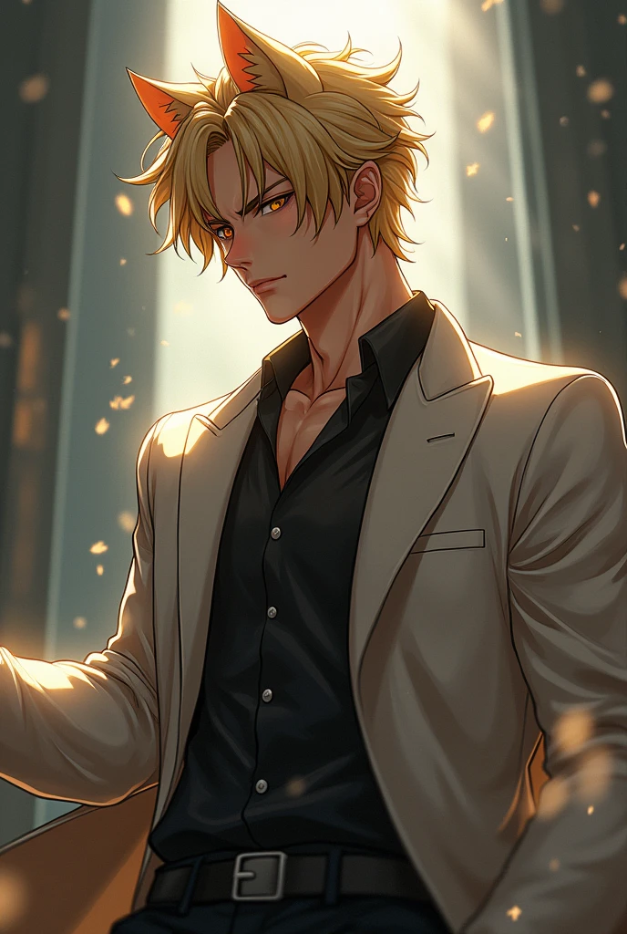 A muscular manga style boy with short blond hair with long bangs and golden cat eyes, handsome and calm. 