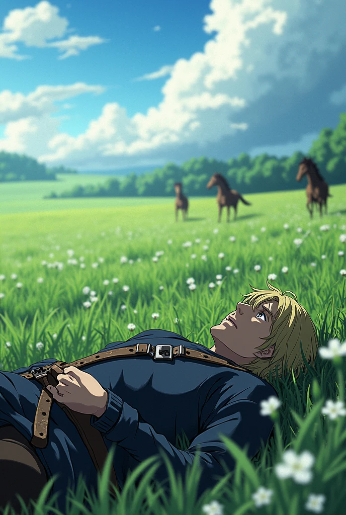A wallpaper with Thorfine from the anime Vinland saga injured on a greenery field far enough in the background ,with war horses , et un grand courant d'air 