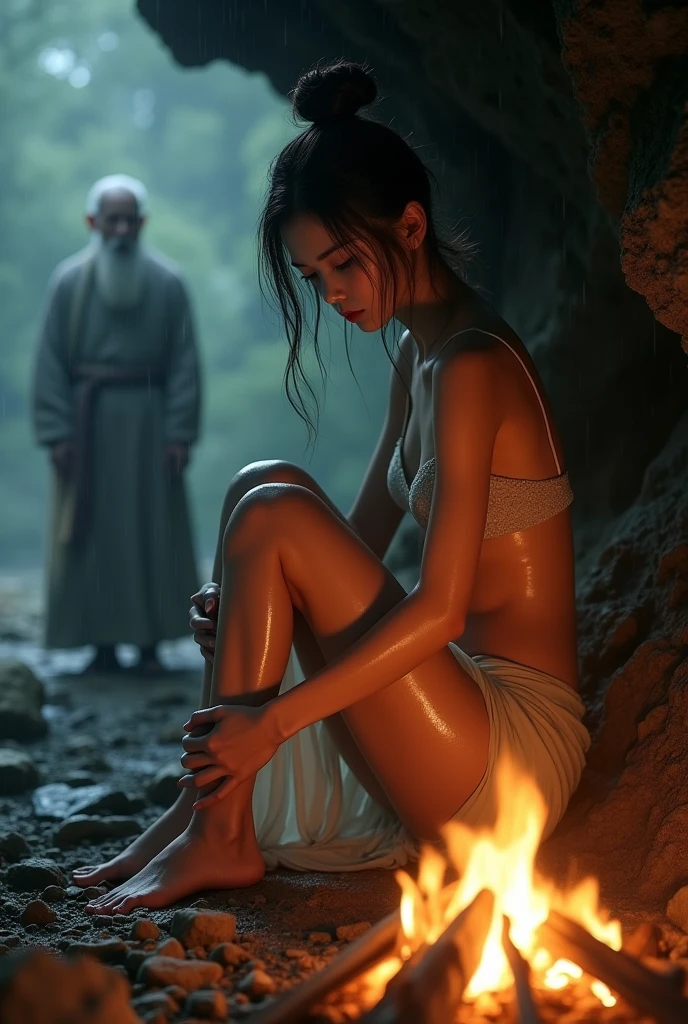 A white ancient Chinese dress made of thin fabric from the Tang Dynasty. The rain made the cloth cling to the woman&#39;s body, allowing one to see through it. The woman&#39;s beautifully shaped figure, with a face like a Korean idol, was beautiful, standing in a cave with a bonfire. The light from the bonfire made one see her naked body leaning against the fire. Her sitting position was hugging her legs, shivering from the cold, causing the gray-haired old man to look from a distance inside the cave.
(An exhausted young woman accidentally falls asleep on a large rock. )This gave the old man a chance to kiss the chest of the young woman who was sleeping due to exhaustion. The young man saw that the young woman was shivering, so he took off his clothes and came to cuddle her to keep her warm next to the fire.


