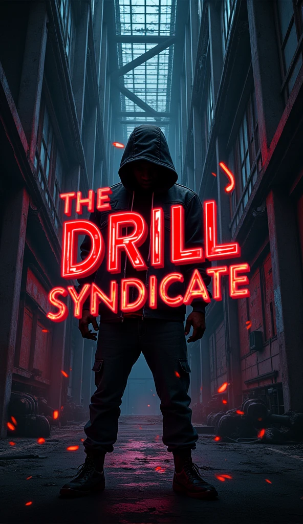 Create an image for a drill music channel called "The Drill Syndicate". The image should reflect an urban and modern style, with visual elements that evoke the energy and intensity of the drill genre. Includes eye-catching graphics, a dark or urban background, and details that suggest music and rhythm, like musical notes or sound waves. Add the name of the channel "The Drill Syndicate" prominently in a contemporary design
