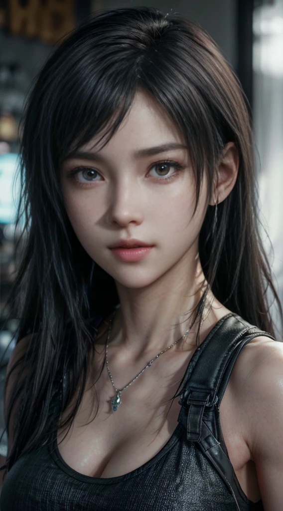 tifa lockhart, (best qualityer,ultra detali,realisitic:1.37),beautifull detailed face,perfect symmetry,perfectly shaped body,perfect make-up,bright coloured,studio lighting