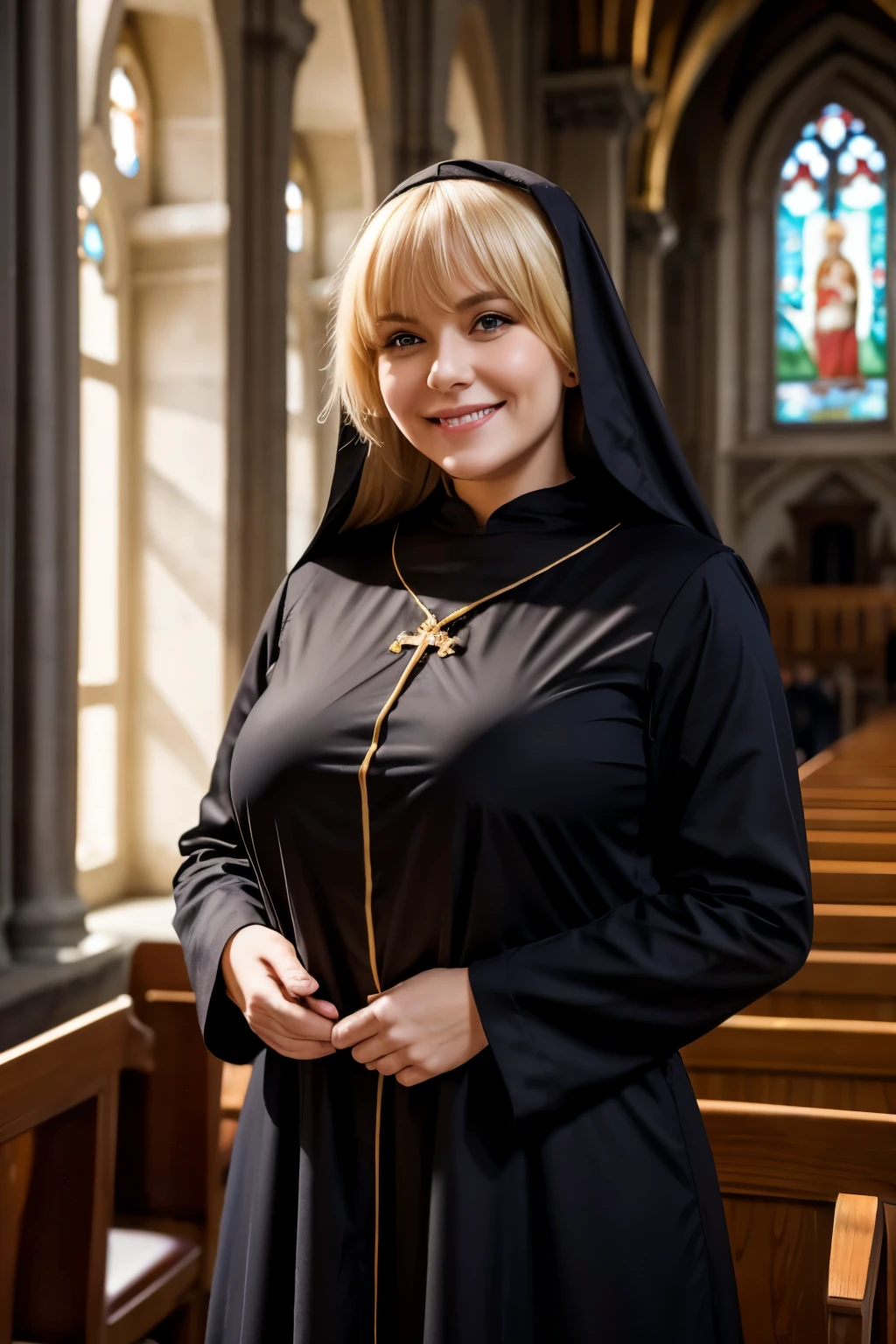 Mature beautiful Russian woman、Blonde Hair、With bangs、Smiling with teeth showing、Huge saggy breasts、Plump body、Monastic uniform、Nuns、Standing in the church