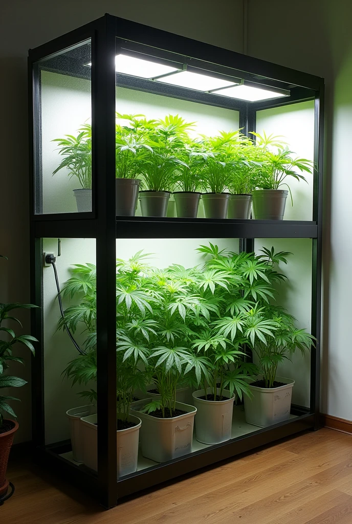 Dimensions: A cabinet for 19 plants can have approximate dimensions of 2m high, 1.5m wide and 1.5m deep. This gives you enough space for plants and equipment..
Materials: You can use plywood or MDF to build the frame.. Both are inexpensive and easy to work with.. Alternatively, A metal frame with plastic panels or reflective canvas can be lighter and stronger..
2. Solar Energy Solar Panels: You will need a solar panel system capable of generating the energy needed for lighting systems., ventilation and irrigation. A 300-500W system may be sufficient, depending on the efficiency of the equipment.
Batteries: A solar battery (around 100Ah) to store the energy generated during the day.
Charge Controller: To protect the battery and electrical systems.
Investor: If the equipment operates with alternating current (AC), you will need an inverter to convert the DC current (DC) from batteries to AC.
3. Automatic Lighting LED Lights: Full spectrum LED lights are efficient and produce less heat. You will need several lamps depending on the size of the closet.. Calculate about 50W per plant.
temporizador Automático: A programmable digital timer that controls the lights according to the phases of plant growth (For example, 18 hours of light for vegetation and 12 hours for flowering).
4. Automatic Ventilation Fans: Install exhaust fans and internal fans to move air. A 6-inch fan for extraction and smaller fans for internal circulation can work well..
termostato: A digital thermostat connected to the extraction fan to automatically turn it on if the temperature inside the cabinet exceeds a predetermined range (For example, 26-28°C).
5. Automatic Irrigation System Water Pump: A small submersible water pump connected to a drip irrigation system.
t