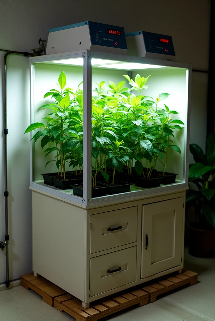 Dimensions: A cabinet for 19 plants can have approximate dimensions of 2m high, 1.5m wide and 1.5m deep. This gives you enough space for plants and equipment..
Materials: You can use plywood or MDF to build the frame.. Both are inexpensive and easy to work with.. Alternatively, A metal frame with plastic panels or reflective canvas can be lighter and stronger..
2. Solar Energy Solar Panels: You will need a solar panel system capable of generating the energy needed for lighting systems., ventilation and irrigation. A 300-500W system may be sufficient, depending on the efficiency of the equipment.
Batteries: A solar battery (around 100Ah) to store the energy generated during the day.
Charge Controller: To protect the battery and electrical systems.
Investor: If the equipment operates with alternating current (AC), you will need an inverter to convert the DC current (DC) from batteries to AC.
3. Automatic Lighting LED Lights: Full spectrum LED lights are efficient and produce less heat. You will need several lamps depending on the size of the closet.. Calculate about 50W per plant.
temporizador Automático: A programmable digital timer that controls the lights according to the phases of plant growth (For example, 18 hours of light for vegetation and 12 hours for flowering).
4. Automatic Ventilation Fans: Install exhaust fans and internal fans to move air. A 6-inch fan for extraction and smaller fans for internal circulation can work well..
termostato: A digital thermostat connected to the extraction fan to automatically turn it on if the temperature inside the cabinet exceeds a predetermined range (For example, 26-28°C).
5. Automatic Irrigation System Water Pump: A small submersible water pump connected to a drip irrigation system.
t