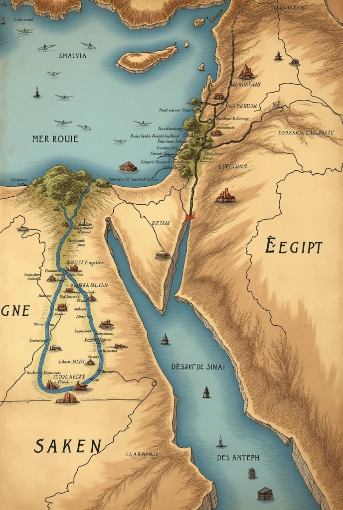 A map containing the route and the path of the exodus of the Israelites to reach Canaan the promised land with the surrounding lands in French name 