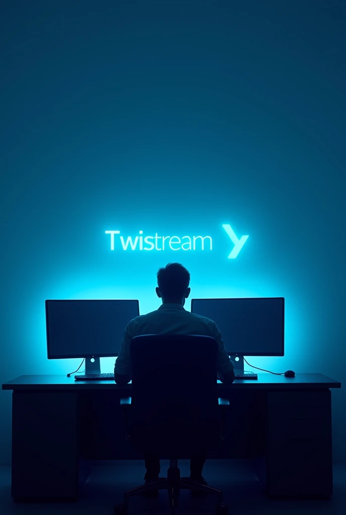 Il y a un homme assis de profil à un bureau avec deux écrans d&#39;ordinateur., éclairage bleu et cinématique, Post-production 8k, Post-production 8K, Éclairage bleu cinématographique, Post-production 8k, Post-production 8K, composition, Cyberpunk Clay, avec éclairage cinéma, éclairage aux couleurs cinématographiques, Prise de vue cinématographique, Rendu 3D 8K tir, Portrait pris en 8Kavec le logo de "Twistreamv en bleu "