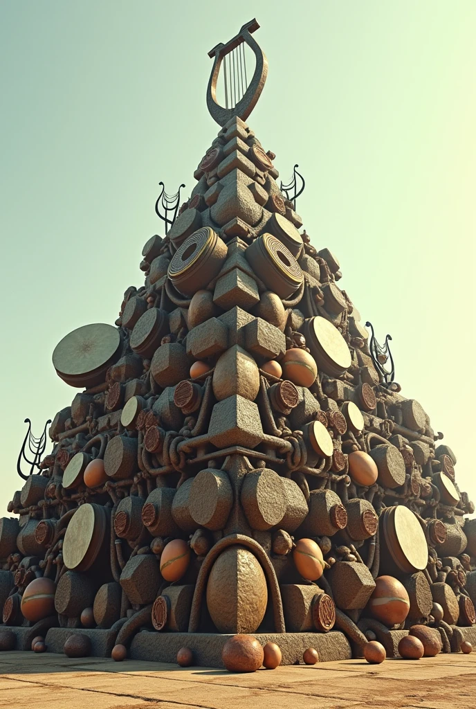 A pyramid of percussion band instruments, with lyres and a camera above