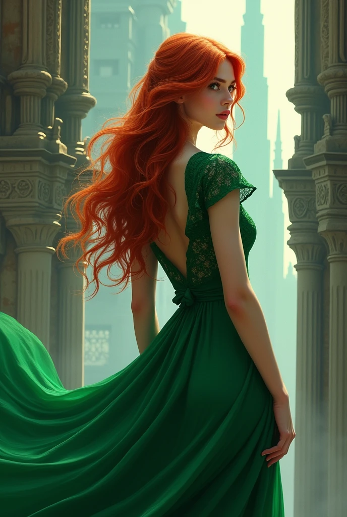 Woman with red hair and a green dress in the color of a high tower, that he is turning his back and that it looks like a wattpad cover