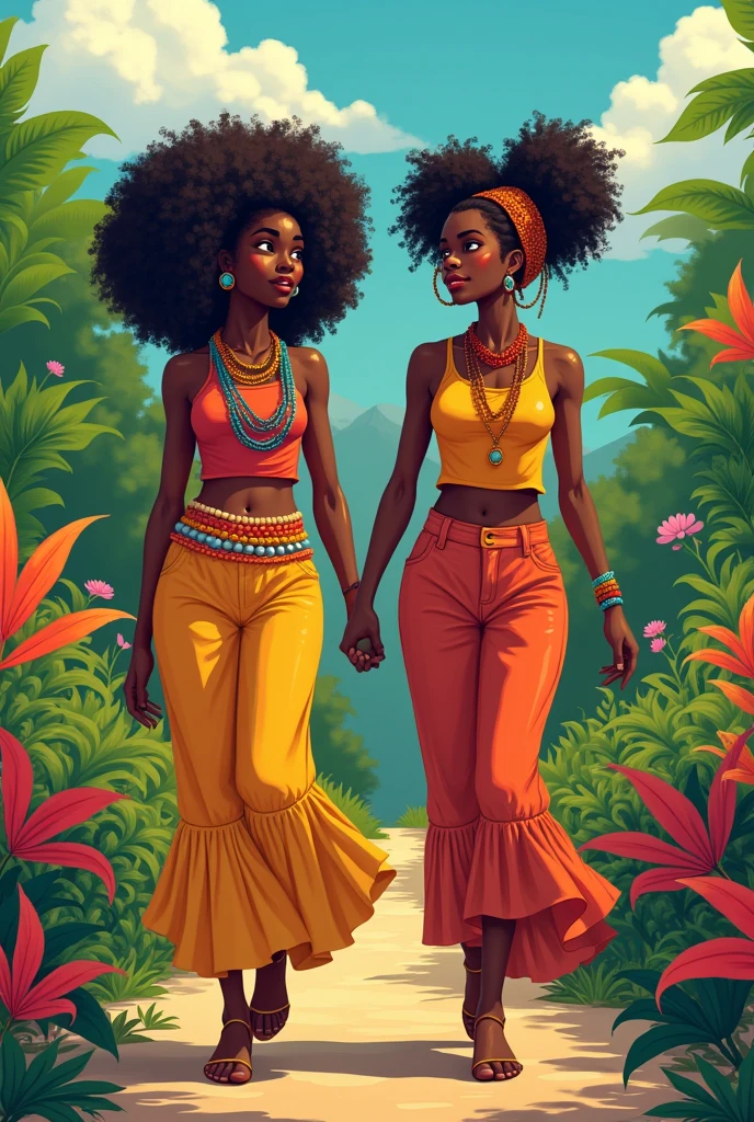 Créer une image d'une , elle s appelle Atabey. Afro haitienne, cheveux crepus avec des perles, des colliers. Elle mache dans le jardin botanique très coloré de martissant haiti en compagnie de sa copine Jesula, afro haitienne, cheveux crépus avec une barrette coloré bien habillée, Atabey très joueuse, Jesula souriante