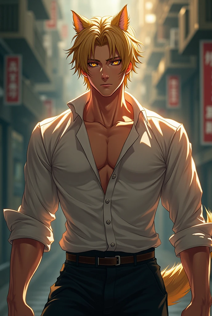A muscular manga style boy with short blond hair with long bangs and golden cat eyes, handsome and calm.