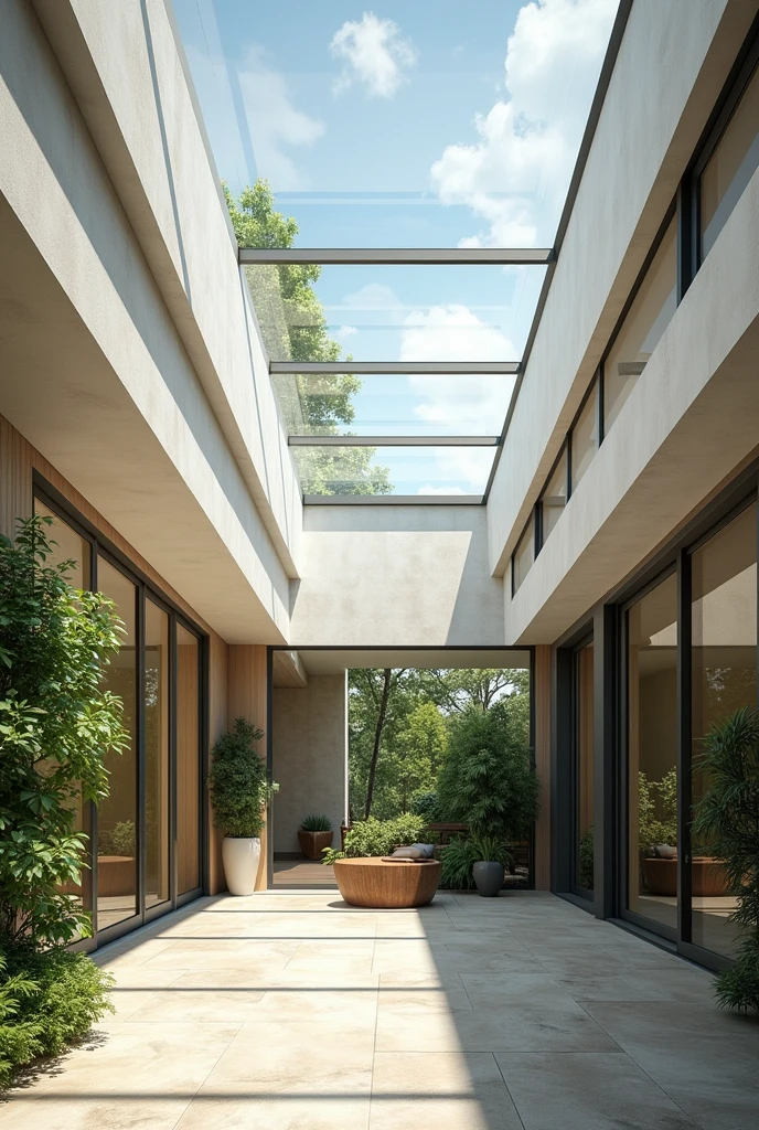 Polycarbonate skylight in a triple-height patio
