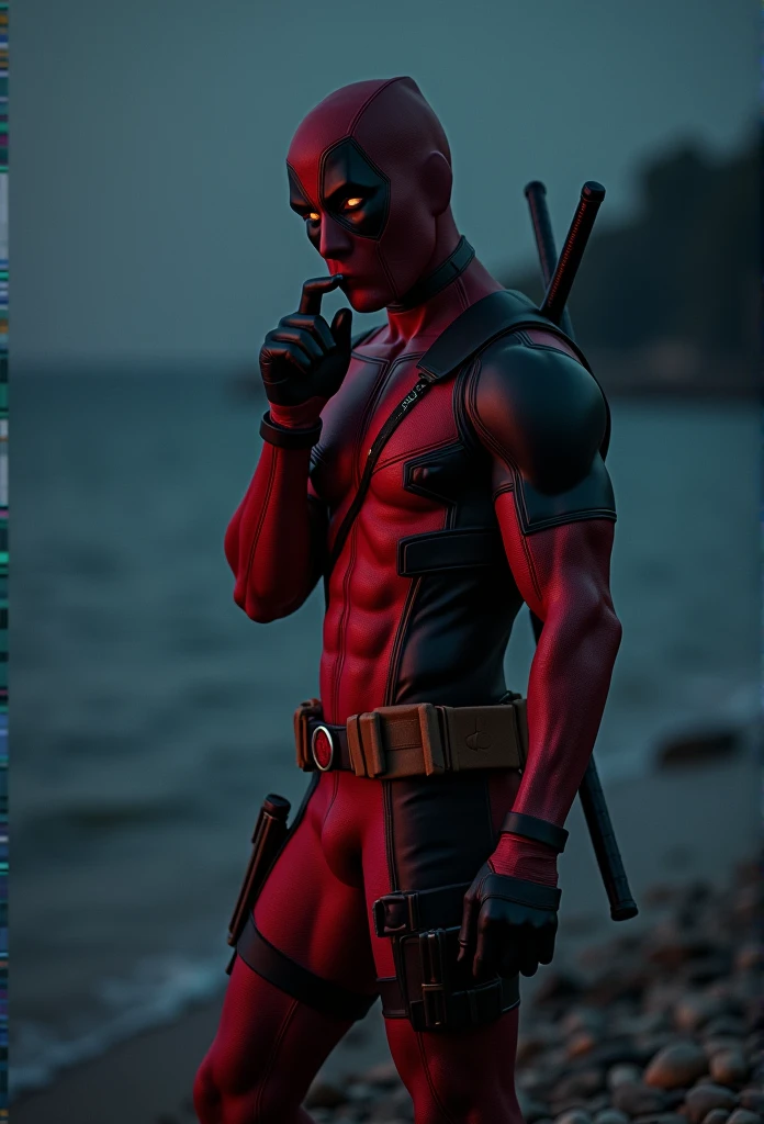 "Deadpool, wearing no shirt, Showing off his muscular physique, is on shores, with tight pants that accentuate her big, perky buttocks. He has his face turned towards the camera, casting a seductive glance. With a provocative touch, he puts the tip of his index finger in his mouth, in a suggestive pose. The surrounding scenery is dimly lit, highlighting the contours of your body and creating a sensual and mysterious atmosphere. "