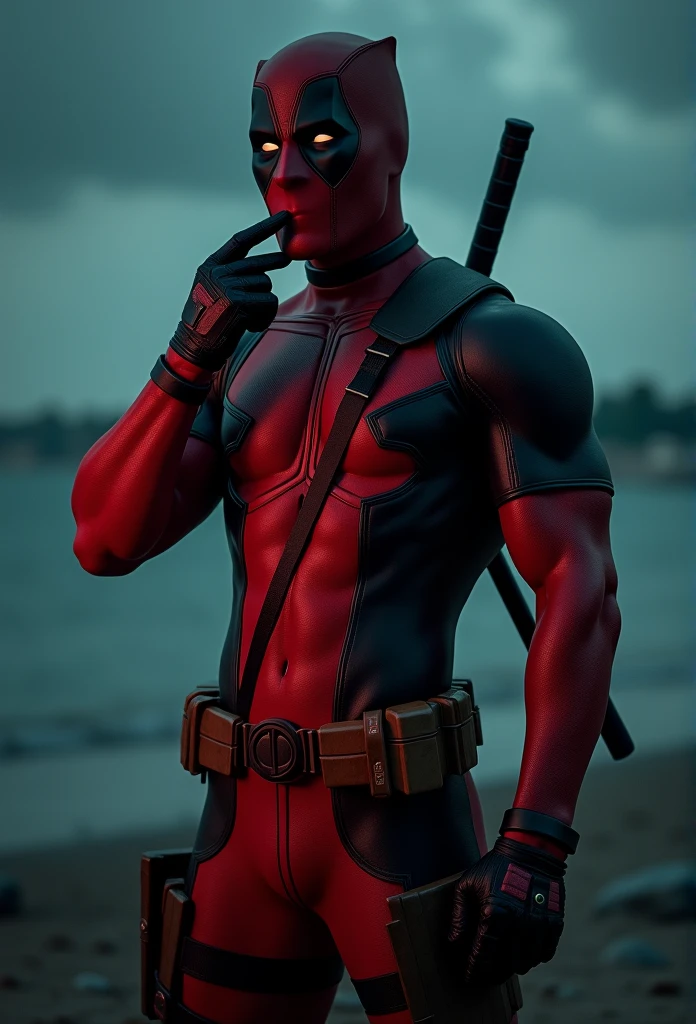 "Deadpool, wearing no shirt, Showing off his muscular physique, is on shores, with tight pants that accentuate her big, perky buttocks. He has his face turned towards the camera, casting a seductive glance. With a provocative touch, he puts the tip of his index finger in his mouth, in a suggestive pose. The surrounding scenery is dimly lit, highlighting the contours of your body and creating a sensual and mysterious atmosphere. "

