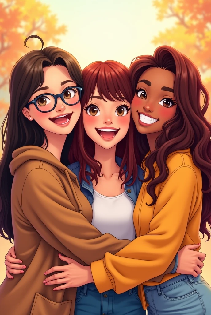 3 friends anime drawing version, taking a happy photo together hugging, A Chinese woman with long straight chocolate hair and glasses and brown eyes, The other is Latina, she has dark red hair with wavy bangs and brown eyes. The other is also Latina and has somewhat dark skin and long, messy wavy hair. Her hair is chocolate-colored with red highlights at the bottom of her hair.