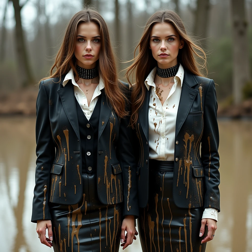 A captivating and color photo of business goth ladies, exuding a slender, model-like appearance with long, flowing hair. They have black choker with spikes on the neck. They look like they have played in mud in a large swamp with light brown liquid mud, their clothes covered with liquid mud from head to toe. Their clothes is completely stained and covered with liquid mud and streaks from it, which has flows down from their jacket, shirt to their skirt, creating a messy and sloppy appearance. They smearing the mud onto their clothes, creating a striking contrast between her clean outfit and the mud that covers it. They dressed in long black business pencil skirt made from cotton fabric, black business jacket made from cotton and wool fabric. black business vest, white muddy shirt, stockings, black choker on the neck. They not use any headdress.