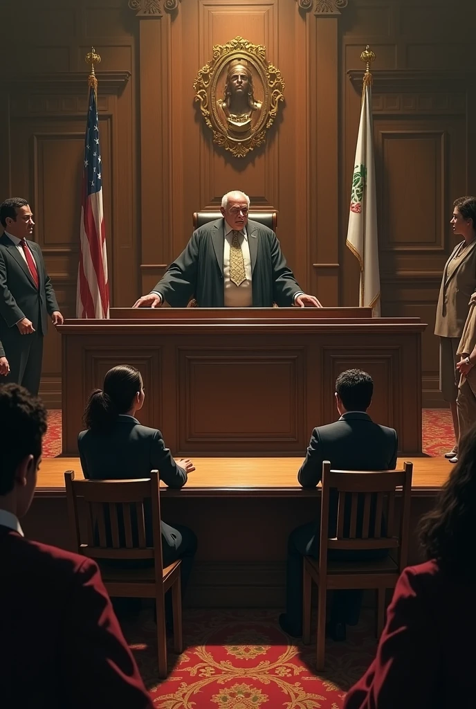 A dramatic depiction of a courtroom, focusing on the judge as they deliver a verdict. In the foreground, Francisca Lavín and Antonia Necul are seated at the defendant's table, looking somber. On the opposite side, Florencia Rivera is present, possibly with a supportive figure beside her. The atmosphere should be tense, with the expressions of those involved reflecting the gravity of the situation.