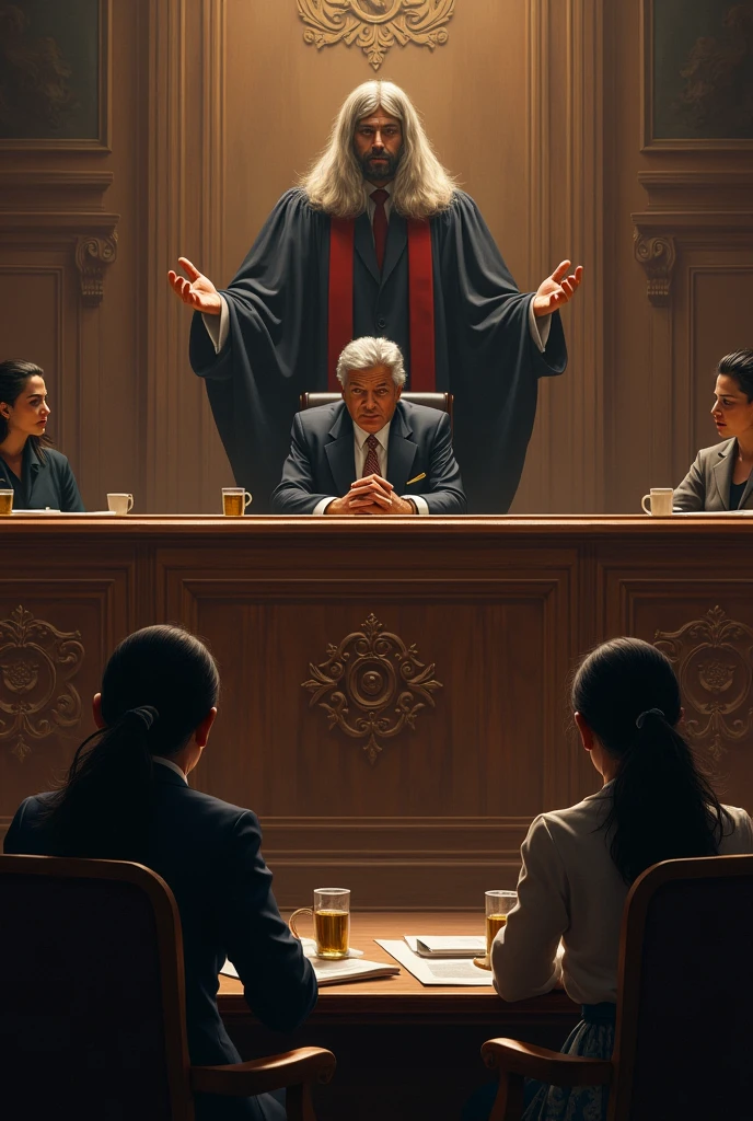 A dramatic depiction of a courtroom, focusing on the judge as they deliver a verdict. In the foreground, Francisca Lavín and Antonia Necul are seated at the defendant's table, looking somber. On the opposite side, Florencia Rivera is present, possibly with a supportive figure beside her. The atmosphere should be tense, with the expressions of those involved reflecting the gravity of the situation.