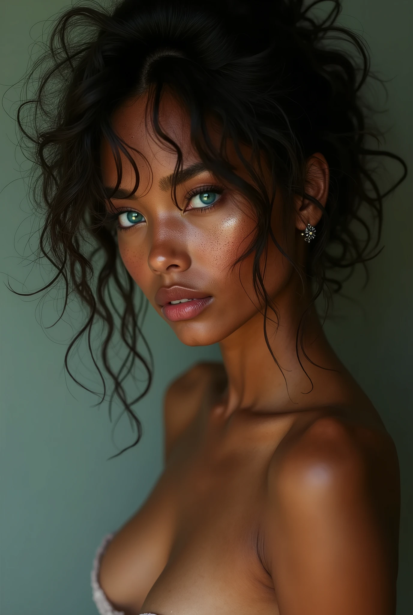 Black and Vietnamese mixed-race naked woman with turquoise eyes and fake boobs. And very Curly hair with freckles. And heterochromia