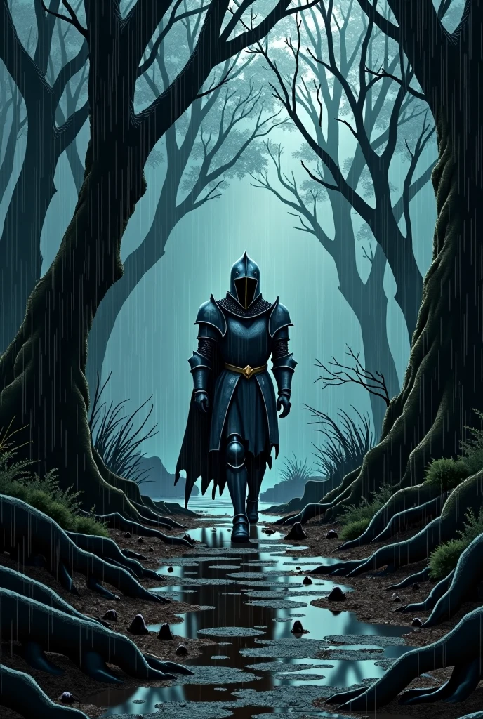 a knight walking in a dark rainy forest, extremely detailed, 4k, horror manga, manga shading,highly detailed boots, raindrops, dramatic lighting, moody atmosphere, cinematic composition, horror elements, manga panel framing