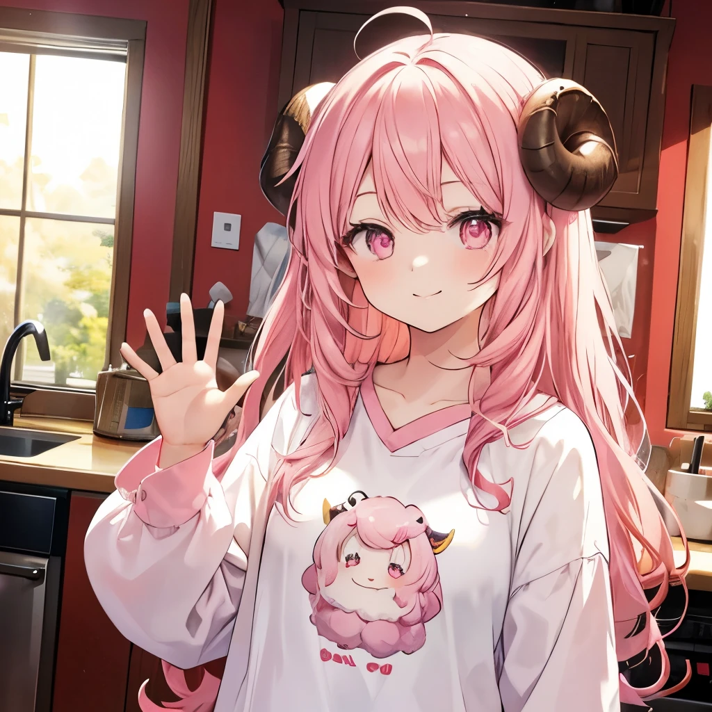 An anime-style illustration of ‘Fua-chan’ cheerfully saying ‘Good morning’ with a warm smile. Fua-chan has distinctive features: long pink hair styled in soft curls resembling sheep’s horns, and pink eyes. She is depicted with a bright, welcoming smile on her face, her eyes shining with kindness as she greets you. Her posture is friendly and open, and she might have one hand raised in a small wave. She is wearing casual, cozy morning attire, such as pajamas or a comfortable outfit. The background is softly lit, perhaps in a kitchen or living room with the gentle light of morning creating a warm and inviting atmosphere.