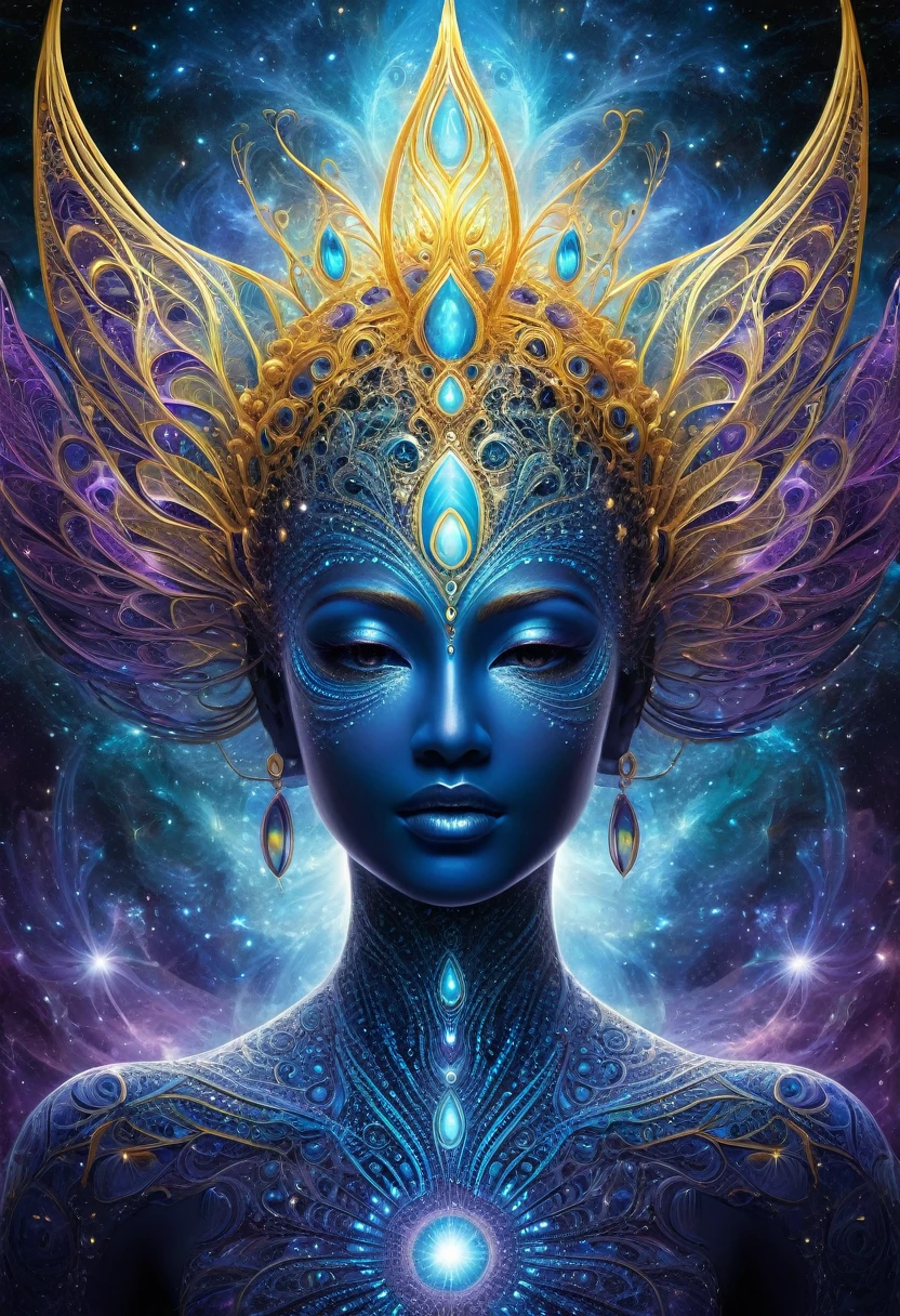 

Create a hyper-realistic image of ninth-dimensional beings, known as light fractals. These beings are made of pure energy, with ethereal and complex shapes, appearing to emanate an intense, bright light in a variety of vibrant colors, like sky blue, gold and violet. They should have a translucent appearance, with intricate geometric lines and patterns that appear to flow and move, as if they were made of liquid light. No fundo, show a cosmic or dimensional environment, with nebulae and stars, reflecting the colors and patterns of beings. The image should convey a feeling of peace, wisdom and higher energy, capturing the essence of an elevated existence. Colors must be strong and striking, with a clear contrast between the beings and the background, highlighting the luminous and divine nature of these entities.
