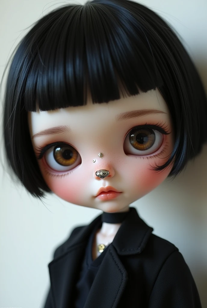 Create a blythe type doll with dark brown eyes, white skin, PEARCING septum, short black hair and micro bangs