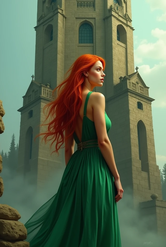 Woman with red hair and a green dress in the color of a high tower, that he is turning his back and his face is not seen, and it looks like a wattpad cover