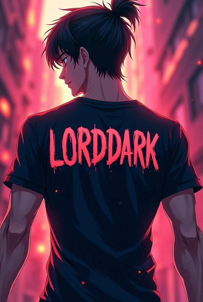 I want an anime turned around and with the shirt saying lorddark and the background all colored