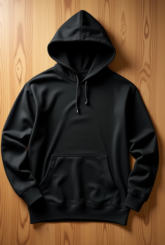 A plain black cotton hoodie spread cleanly over a wooden background, no folding on the tshirt. 