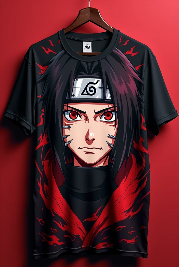 Create a high-quality image of a t-shirt with a bold and stylish design. The shirt should feature a large, centered graphic of  Pain from Naruto. The character/logo should be detailed, vibrant, and true to the original style of the anime, set against a solid, contrasting background color that complements the design. The t-shirt should be shown in a standard crew-neck style, available in a variety of colors, but the design should remain consistent across all variations. The image should showcase the t-shirt on a plain background, with the shirt clearly visible, focusing on the front design. Ensure the lighting and shadows are realistic, and the design pops off the shirt, making it visually appealing for anime fans.