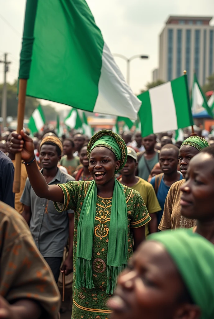 Crowed male and female protest carrying posters wrote End Bad Governance In Nigeria Part II 1st October 2024, on the posters holding Nigeria flag dress in Hausa traditional cloth