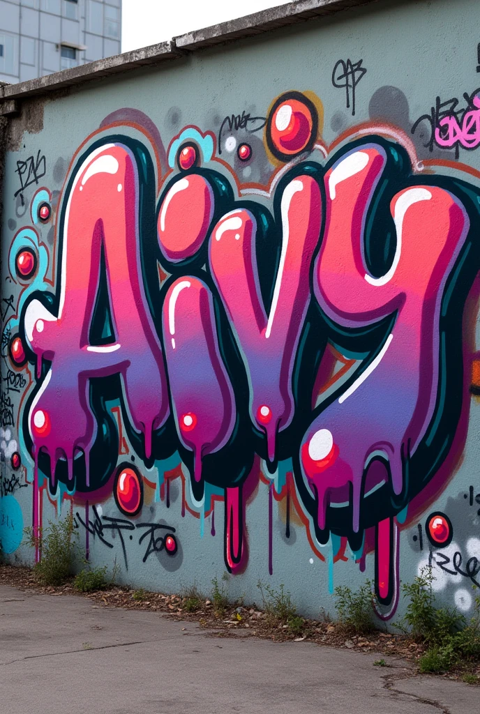 throw-up graffity for the name “Aivy” with complex big bublly round shaped thick letters who merge together with thick white inlines bombing paint style dripping on a outside wall with other graffity